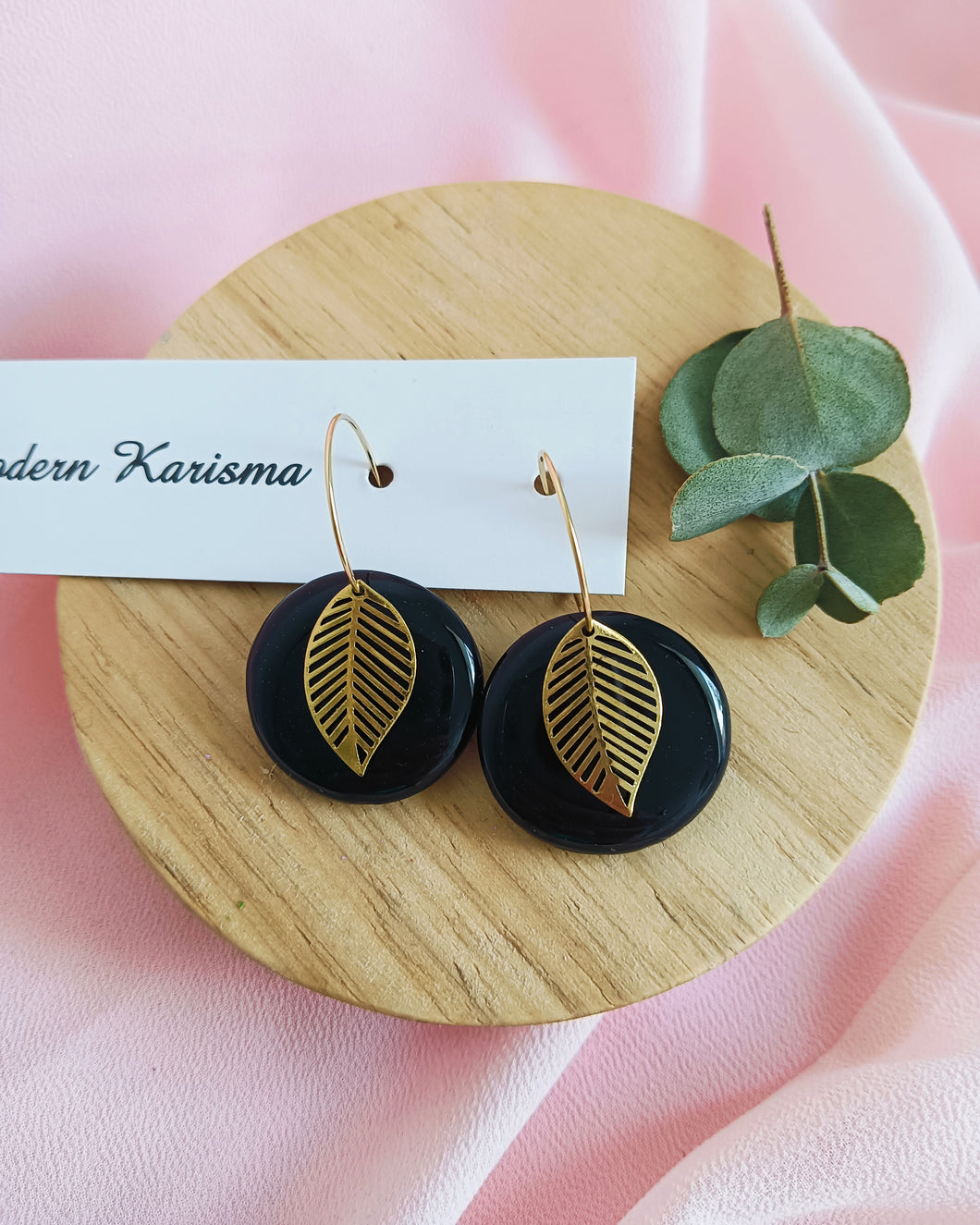 Black Circle Leaf Hoops