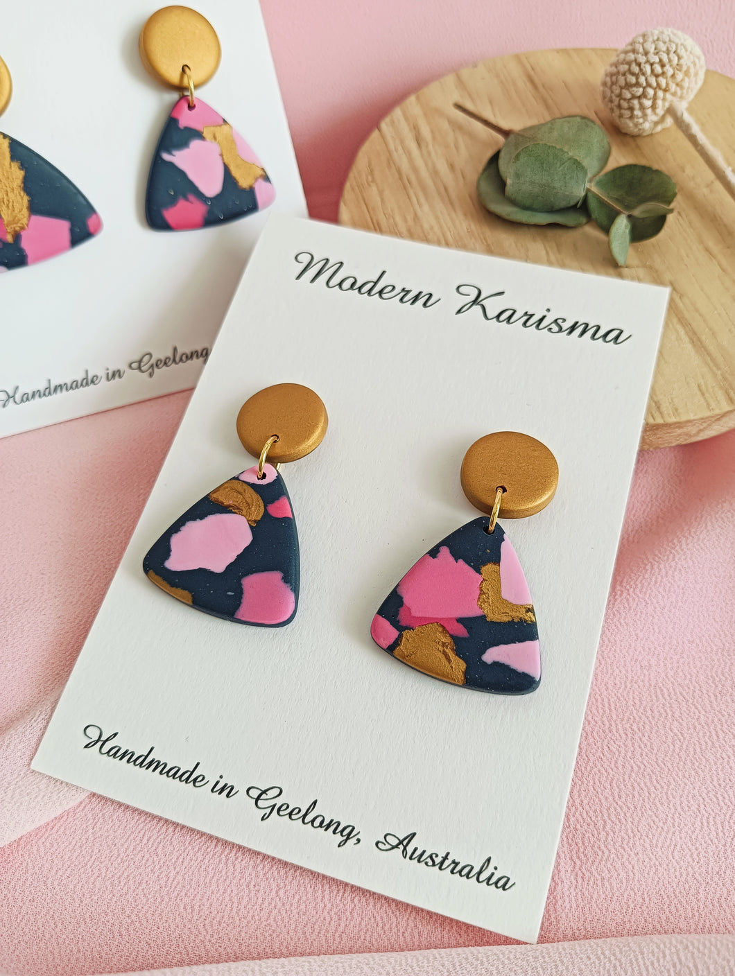 Pink and Gold Triangle Dangle Earrings