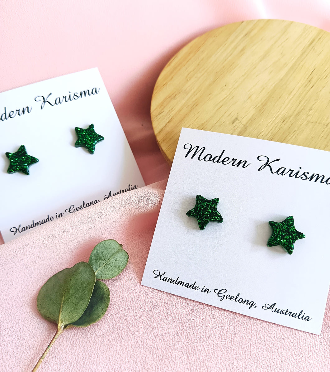 Green Glitter Star Studs